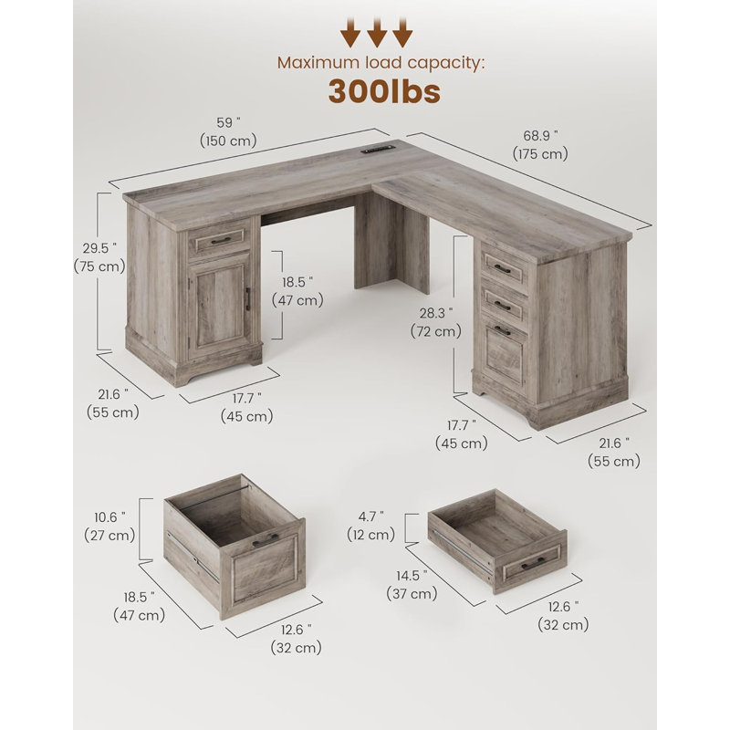 Farmhouse Executive L Shaped Desk, Home Office Desk With File Drawer And Power Outlet, Computer Corner Desk With Drawers And Storage Cabinet, Workstation For Office Home