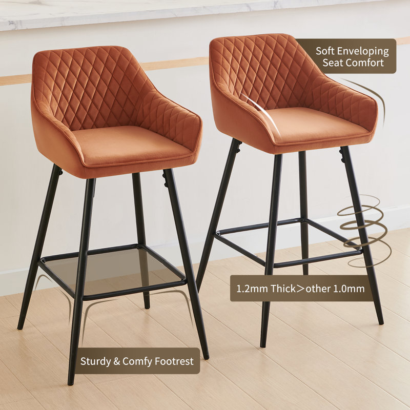 Saarrah 68cm Upholstered Bar Stool with Arm, Orange Velvet, 2