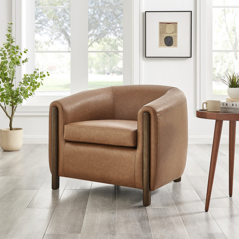 Leamon Fire-Resistant Upholstered Barrel Chair, Vintage Cider Faux Leather, 27.5" H x 33" W x 30.5" D