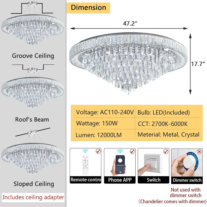 Lustre moderne en cristal à intensité variable, Argent argent