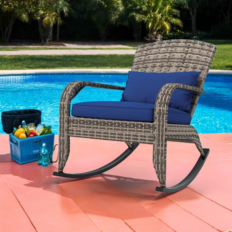 All-Weather Wicker Adirondack Rocking Chair with Cushions, Gray, Blue