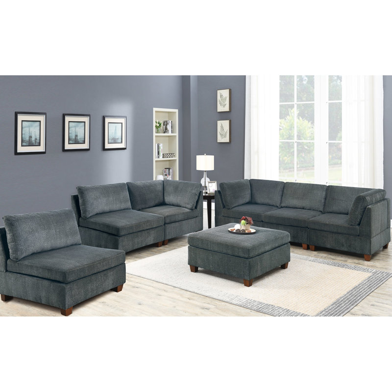 Canapé modulaire contemporain 7 pièces, chenille grise, 3 canapés d'angle, 1 chaise sans accoudoirs, 1 canapé à dossier rembourré, 3 pièces de style moderne