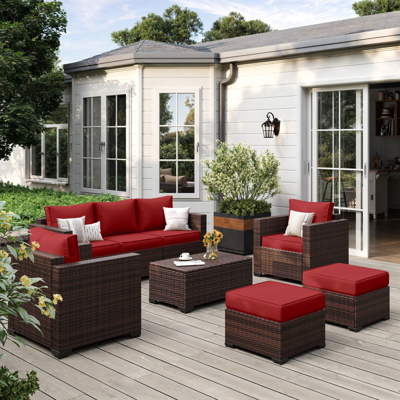 6-Pieces Wide Armrest Outdoor Sectional Rattan Conversation Set with Two Ottomans., Red