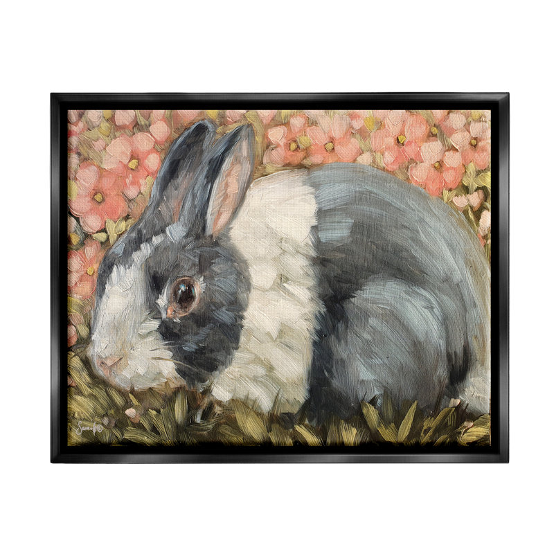 Lapin sauvage et prairie fleurie - peinture, Cadre flottant noir de jais, H 17 po x l 21 po x P 1,7 po