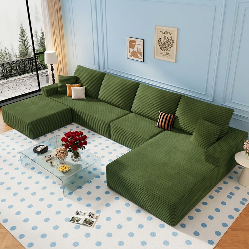 Canapé modulaire Boneless de 4 pièces avec canapé-lit Boneless, Velours côtelé vert, Orienté à droite