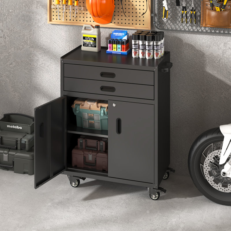 Metal Tool Garage Storage Cabinet With 2 Drawers And 2 Doors，with Wheels And Lock