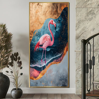 Clairice, flamant rose doré sur un paysage de plage audacieux III - art mural sur toile Flamingo