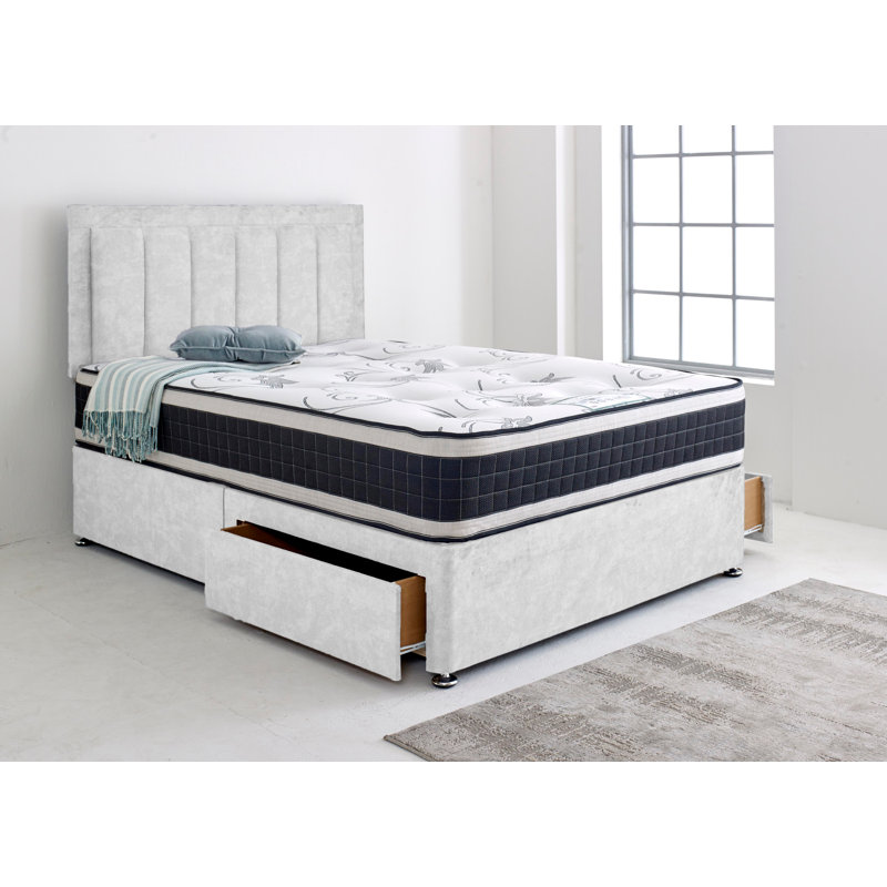 Divan Bed with Stripe 24" Headboard with 2x Drawers Same Side, Small Single, White, 2 Same Side Drawers
