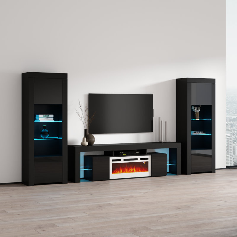 Entertainment 128.7" Modern Entertainment Center with Electric Fireplace, High Gloss Finish, Media Storage, Black/White