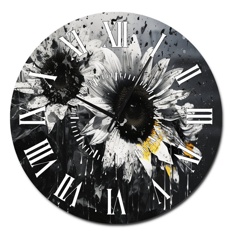 Horloge murale tournesols noirs et blancs, Surdimensionné