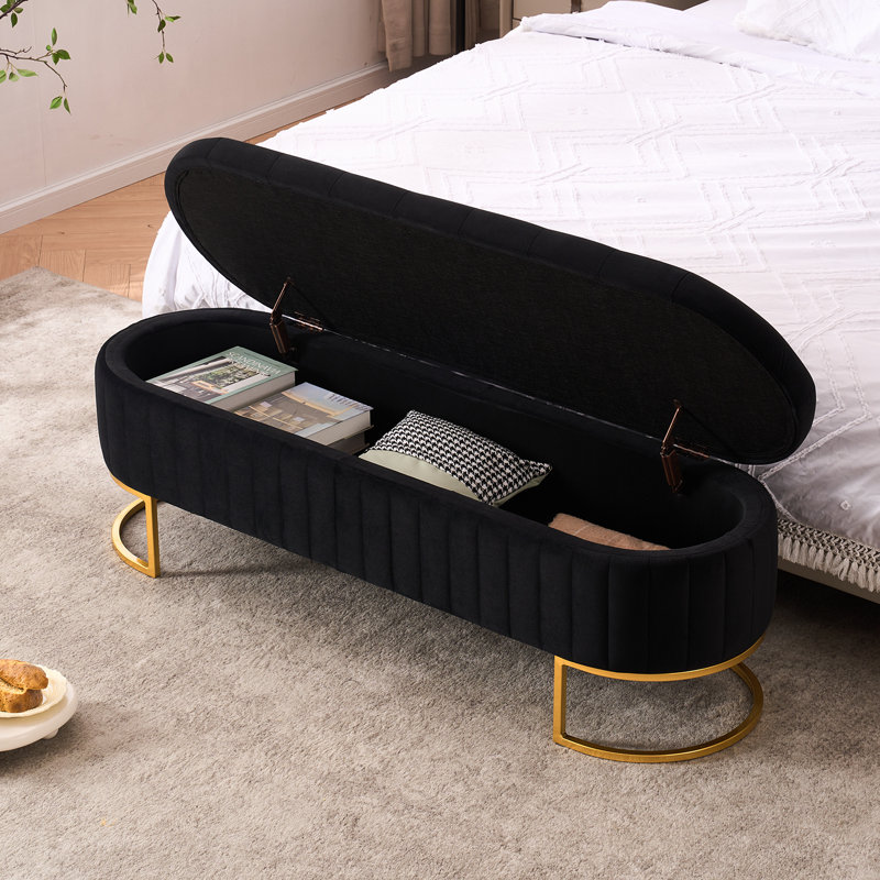 Shaneta 55" Velvet Storage Bench with Gold Legs, Black