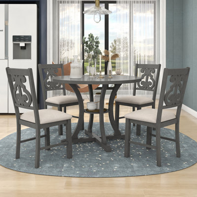 5-Piece Round Dining Table And 4 Fabric Chairs With Storage Shelf