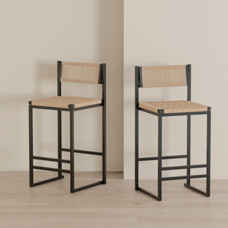 Kitchen Bar Stools With Footrest Set Of 2 Paper Rope Weave Dining Chairs Counter Height Barstool