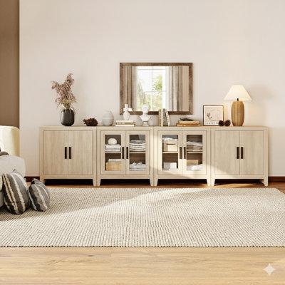 126" Extra Large Sideboard Buffet Cabinet, Farmhouse Kitchen Storage Cabinet With Glass Doors And Adjustable Shelves, Modern Wood Coffee Bar Table For Dining Room, Living Room,Beige