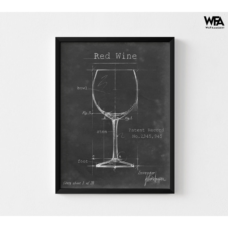 Red Wine Glass Blueprint, Framed Wine Lover Gift, Bar Wall Decoration, Sommelier Gift Print, Black And White Print, Framed Wall Art 5X7"