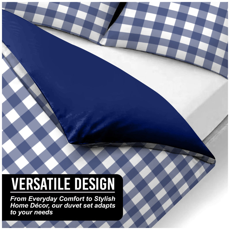 Luxury Gingham Microfibre Duvet Cover Set with Pillowcases Soft Breathable Easy Care Bedding All Sizes, Blue