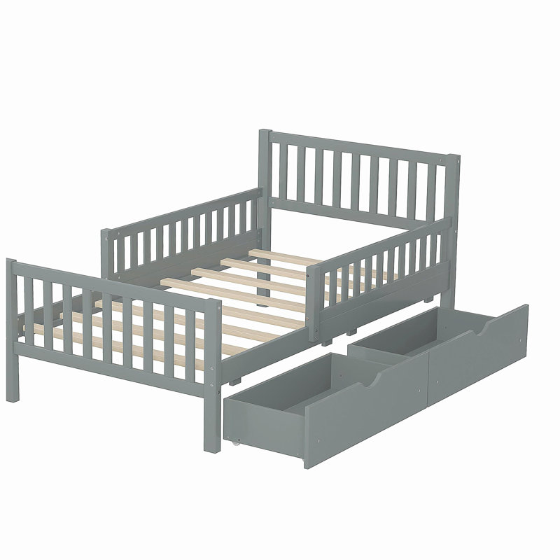 Lit plateforme en bois avec gardes latéraux et deux tiroirs de rangement, Gris, Lit simple