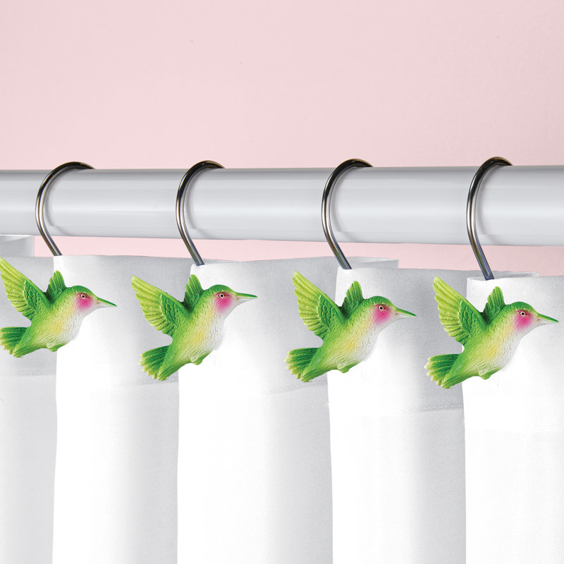 Vibrant Green and Pink Resin Hummingbird Shower Curtain Hooks Set
