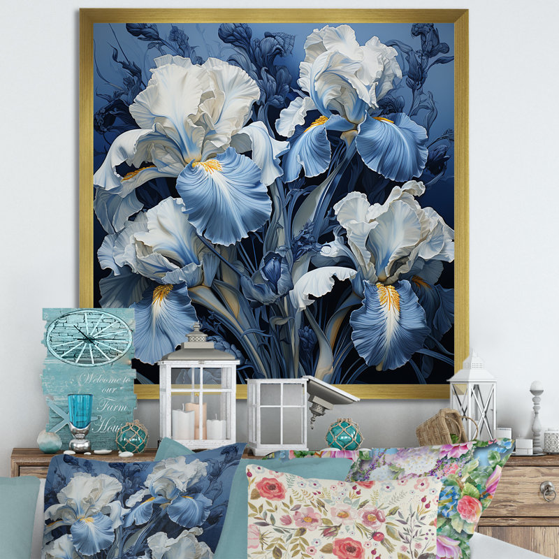 Minimalisme, jardin d'iris bleu et blanc sur toile, Cadre doré simple, H 16 po x l 16 po x P 1 po