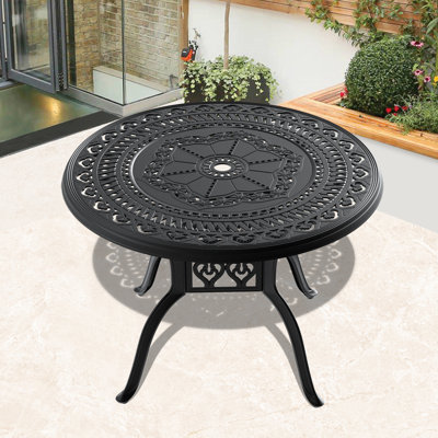 Table de salle à manger en fonte d'aluminium avec structure noire et trou pour parasol (sans chaises)