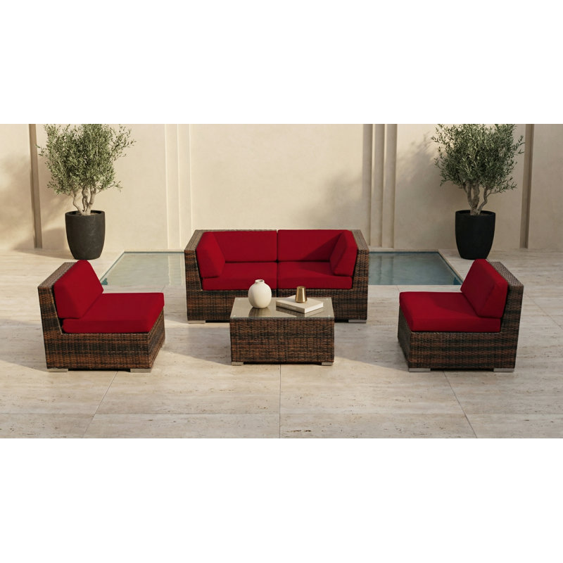 Ensemble de conversation en osier pour 4 personnes avec coussins Billyjo Wicker, Supercrylic rouge, Mélange de bruns