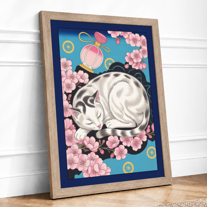 Sleeping Cat in Bloom Boho - Framed Print, A3 - 42.0 x 29.7 cm, Oak