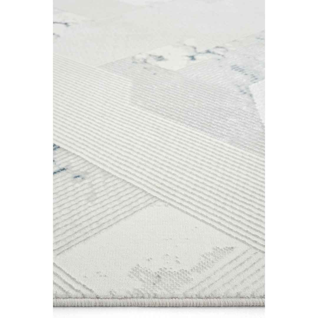 Blue Geometric,Stripes Living Room Rug, Machine Made using Polyester,Acrylic with Grey, Cream and Modern design