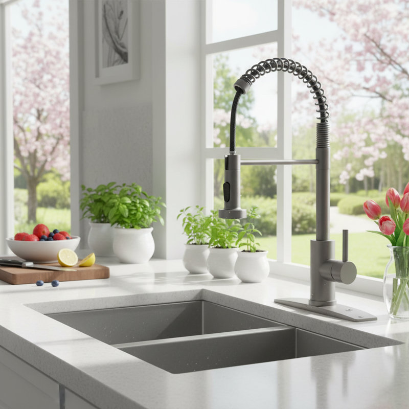 Single Handle Kitchen Faucet with Pull Down Sprayer, Stainless Steel Utility Sink Faucet for RV Laundry Utility Room, Gray