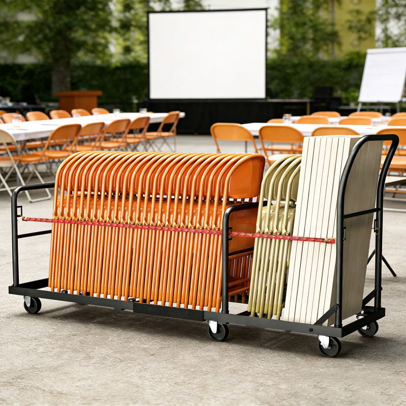Chariot pliant pour chaise, support de chaise pliable à 6 roulettes à deux sections pour 40 chaises, chariot de rangement robuste pour chaise pliante avec une meilleure capacité de charge - 2 sections améliorées avec rails fermés et corde élastique