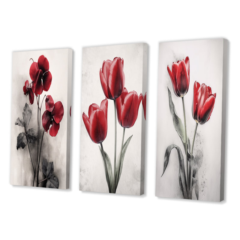 «Red Violets Dreamer», 3 pièces sur toile, H 28 po x l 36 po, Toile tendue
