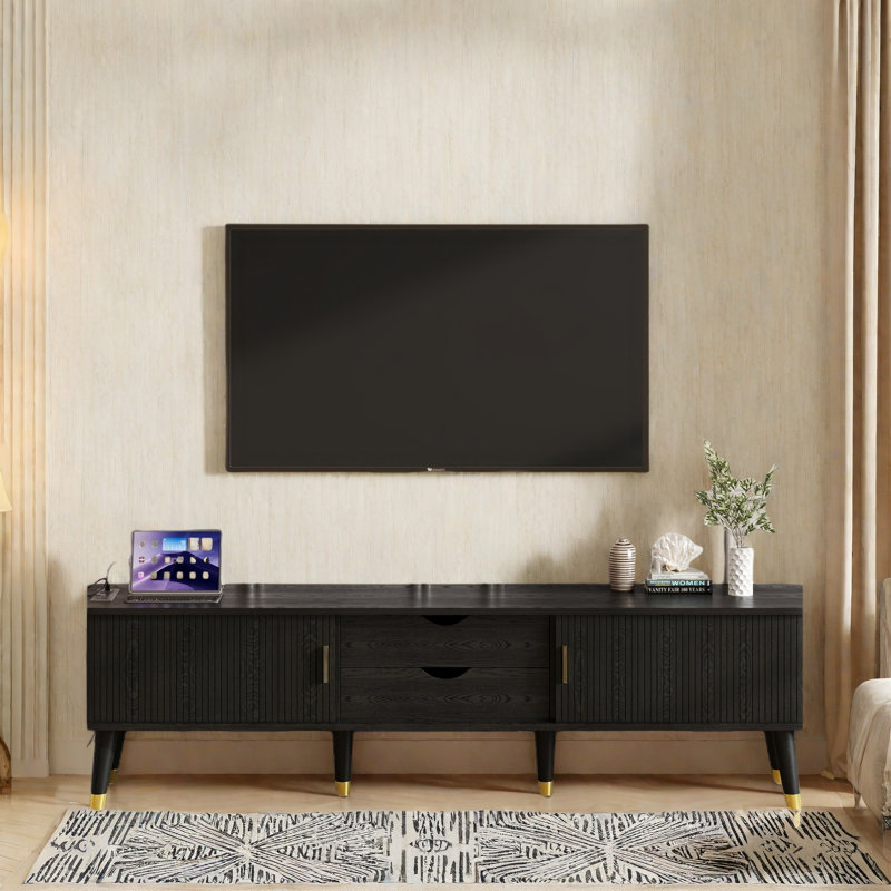 Wooden Oval Fluted TV Stand With Charging Station For TV Up To 80", Mid-Century Media Console With Sliding Tambour Door, Farmhouse TV Cabinet With Golden Handle