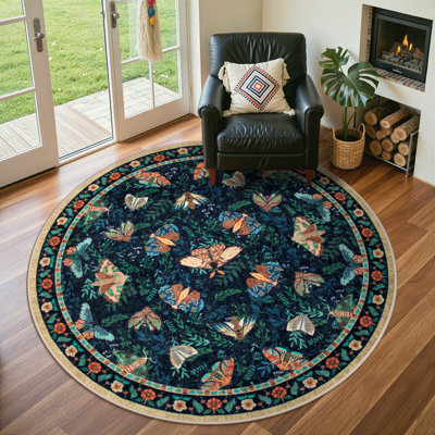Animal & Insect Floral Round Rugs – Machine Washable with Non-Slip Backing Area Rug for Living Room, Dining Room, Bedroom
