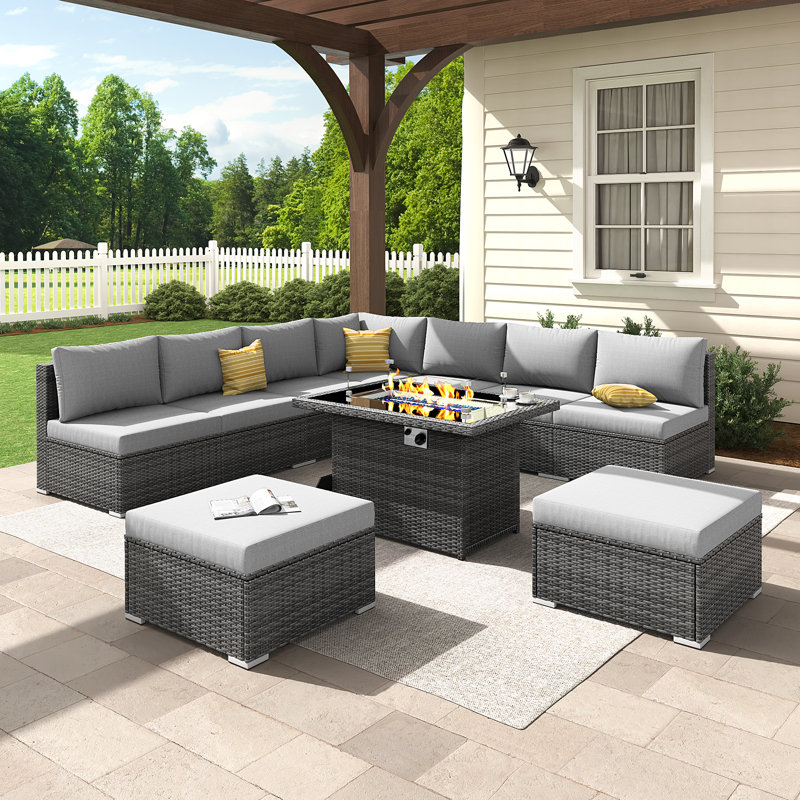 Bromelia 10-Piece Outdoor Modular PE Wicker Sectional Conversation Set with 43" Propane Fire Pit Table and Cushions