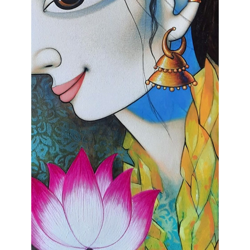 «Goddess Durga with Lotus Flower», peinture acrylique sur toile par Pravin Utge