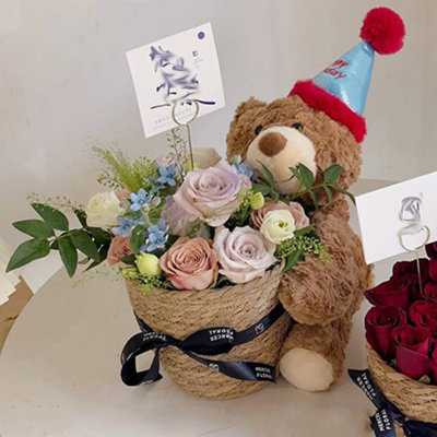 14" H Simulation Flower Basket, Handmade Artificial Rose Flower With Cute Birthday Bear Basket For Home Office Decor Birthday Mother's Day Valentine's Day Gift (colorful)