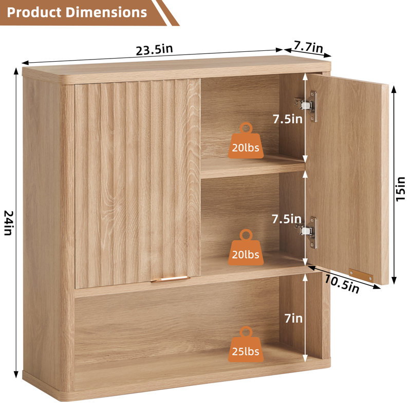 Fluted Bathroom Wall Cabinet, Wall-Mounted Medicine Cabinet With Adjustable Shelf & Doors, Farmhouse Floating Over The Toilet Storage Cabinets For Laundry Room, Kitchen, Living Room