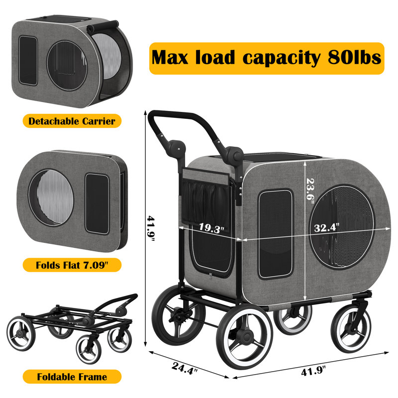 Poussette robuste pour grands chiens pesant jusqu'à 90 lb, 2 poussettes pour animaux avec cabine ventilée, conception pliable, pour chiens de taille moyenne et grande, gris