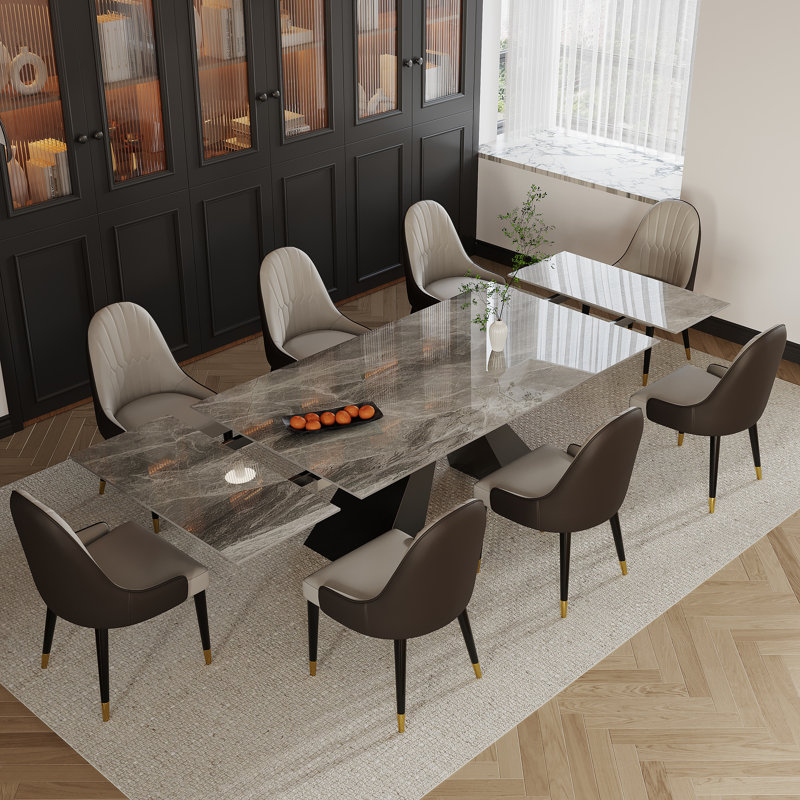 Ensemble de salle à manger à rallonge en pierre frittée avec 8 chaises en cuir 110,23 "Tanjala, Gris italien