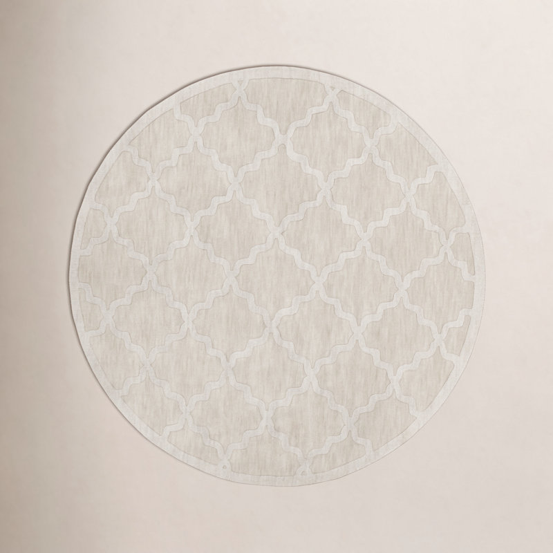 Tapis géométrique beige en laine fabriqué à la main Romina, Rond 9 pi 9 po