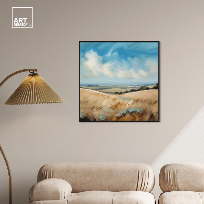 Handcrafted Beige and Blue Abstract Canvas Art with Black Frame