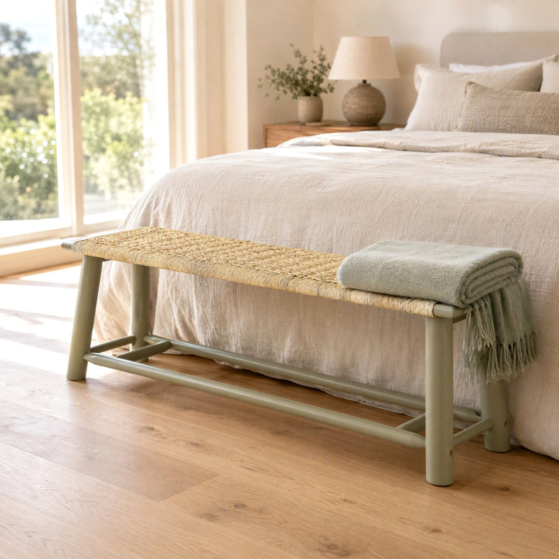 Banc de ferme en rotin massif de 150 cm (59 po), banc d'entrée/salle à manger intérieur/extérieur avec assise tressée, finition pour porche, chambre et salon