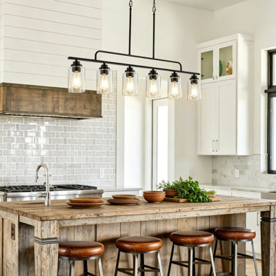 Lustre de ferme noir à 6 lumières, luminaire suspendu linéaire moderne pour îlot de cuisine avec abat-jour en verre transparent, luminaire suspendu à hauteur réglable pour table de salle à manger