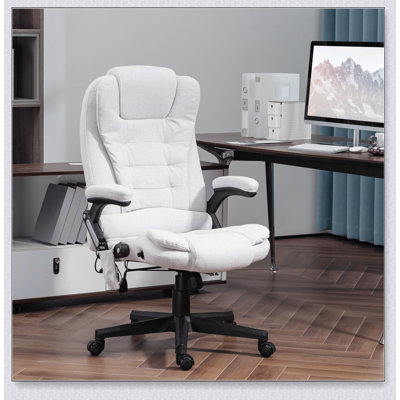 Fauteuil de bureau vibrant à 6 points avec massage chauffant, dossier haut inclinable en lin avec dossier inclinable, accoudoirs rembourrés et télécommande, crème 