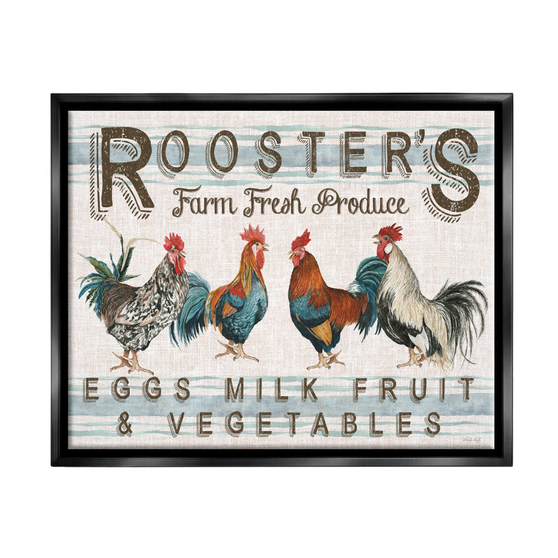 «August Grove® Country Roosters Produce», art mural encadré par Cindy Jacobs, Cadre flottant noir de jais