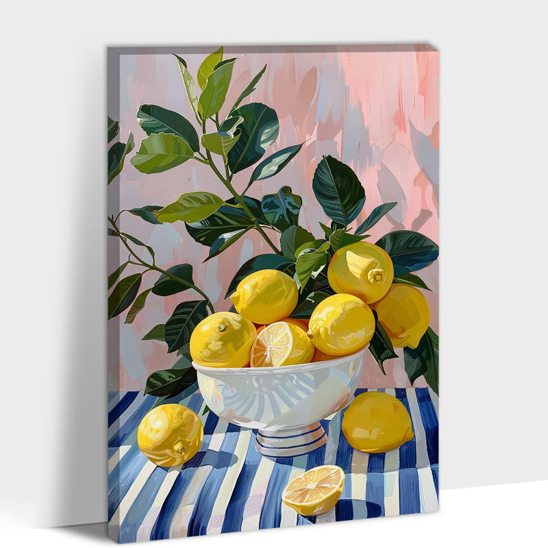 Tableaux de cuisine d'inspiration campagnarde Drew, décoration murale moderne en toile citron pour les espaces de salle à manger et de cuisine, décoration d'esthétique rustique, peinture au citron prête à accrocher, 28 po x 40 po