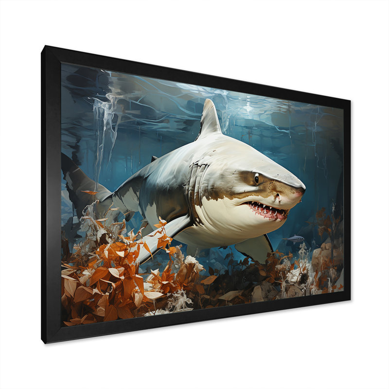 " Minimalism Shark Hunting ", 12" H x 20" W x 1" D, Black Picture Framed