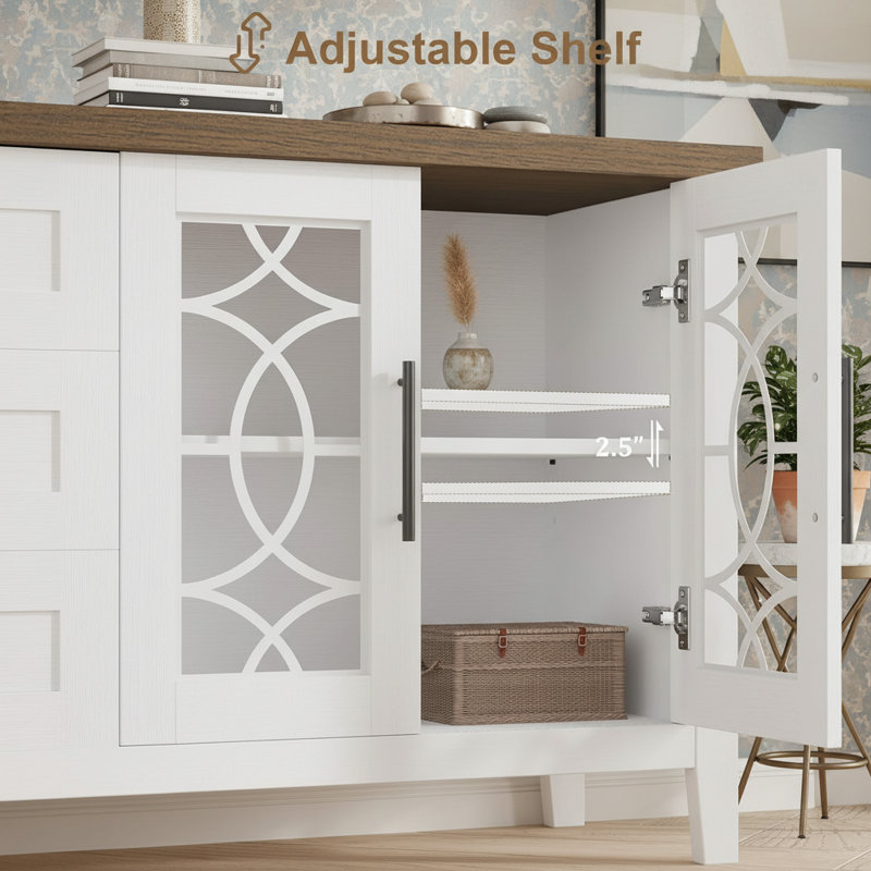 TV Stand for 65 inch TV, Entertainment Center with Glass Door, 3 Drawers & Adjustable Shelves, White/Brown