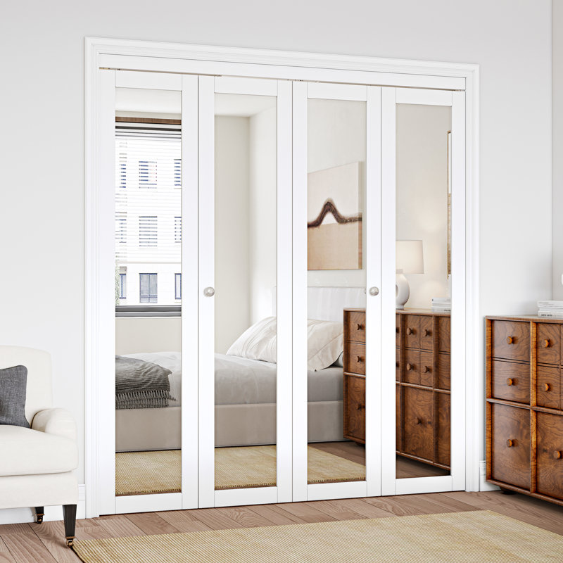 Porte pliante en bois massif à double miroir 72 po x 80 po avec trousse de quincaillerie d'installation (garde-robe, garde-manger) Blanc