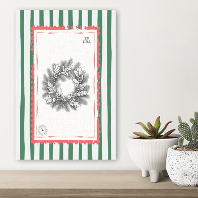 Vintage Christmas Wreath Stamp Rustic Vintage Pine Winter Wall Art Print 1 Piece Wrapped Canvas Wall Art