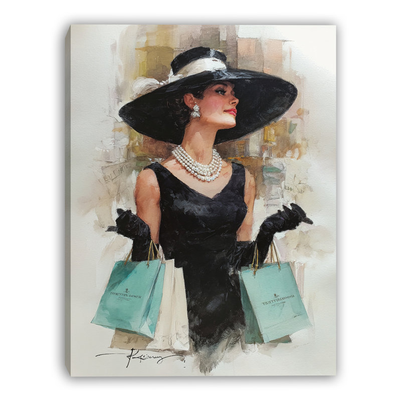 «Elegant Fashion Woman in Black Dress with Hat», reproduction d'art sur toile tendue, H 24 po x l 16 po x P 1,5 po